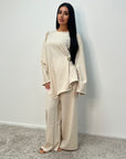 Hanna Beige Round Neck Gold Buckle Trouser Co Ord