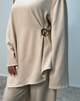 Hanna Beige Round Neck Gold Buckle Trouser Co Ord