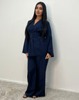 Anna Navy V Neck Pleated Front Tie Co Ord Set