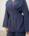 Anna Navy V Neck Pleated Front Tie Co Ord Set