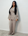 Anna Mocha V Neck Pleated Front Tie Co Ord Set