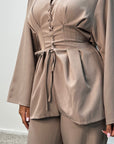 Anna Mocha V Neck Pleated Front Tie Co Ord Set