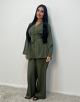 Anna Khaki V Neck Pleated Front Tie Co Ord Set
