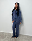 Enve Denim Blue V Neck Gold Button Trouser Co Ord Set