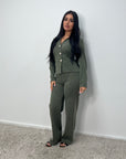 Enve Khaki V Neck Gold Button Trouser Co Ord Set
