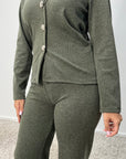 Enve Khaki V Neck Gold Button Trouser Co Ord Set
