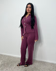 Enve Wine V Neck Gold Button Trouser Co Ord Set