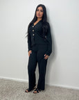 Enve Charcoal V Neck Gold Button Trouser Co Ord Set
