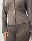 Enve Brown V Neck Gold Button Trouser Co Ord Set