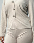 Enve Beige V Neck Gold Button Trouser Co Ord Set
