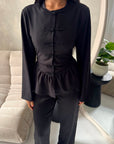 Mahsa Black Plain Peplum Clasp Detail Top