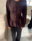 Mahsa Brown Plain Peplum Clasp Detail Top