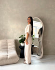 Azli Beige Soft Asymmetrical Side Ruched Top Trouser Co Ord Set