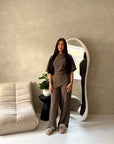 Azli Brown Soft Asymmetrical Side Ruched Top Trouser Co Ord Set