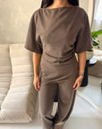 Azli Brown Soft Asymmetrical Side Ruched Top Trouser Co Ord Set
