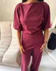Azli Wine Soft Asymmetrical Side Ruched Top Trouser Co Ord Set