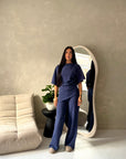 Azli Navy Soft Asymmetrical Side Ruched Top Trouser Co Ord Set