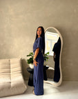 Azli Navy Soft Asymmetrical Side Ruched Top Trouser Co Ord Set
