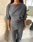 Azli Grey Soft Asymmetrical Side Ruched Top Trouser Co Ord Set