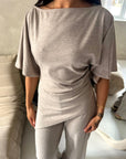 Azli Mocha Soft Asymmetrical Side Ruched Top Trouser Co Ord Set