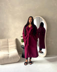 Danya Wine High Neck Belted Double Breasted Coat