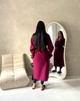 Danya Wine High Neck Belted Double Breasted Coat