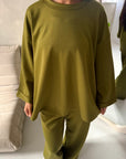Alissia Olive Green Plain Crew Neck Lounge Trouser Set