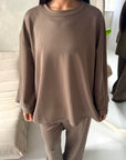 Alissia Mocha Plain Crew Neck Lounge Trouser Set