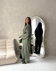 Alissia Khaki Plain Crew Neck Lounge Trouser Set