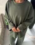 Alissia Khaki Plain Crew Neck Lounge Trouser Set