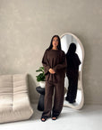 Alissia Brown Plain Crew Neck Lounge Trouser Set