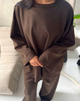 Alissia Brown Plain Crew Neck Lounge Trouser Set