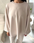 Alissia Beige Plain Crew Neck Lounge Trouser Set