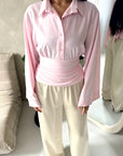 Layl Pink Plain Cinch Waist Collar Top