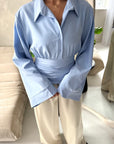 Layl Blue Plain Cinch Waist Collar Top