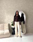 Layl Brown Plain Cinch Waist Collar Top