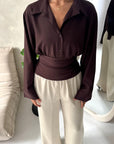 Layl Brown Plain Cinch Waist Collar Top