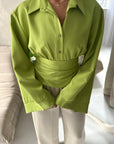 Layl Lime Green Plain Cinch Waist Collar Top