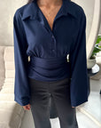 Layl Navy Plain Cinch Waist Collar Top