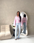 Reem Pink Stripe Collar Cinch Waist Top
