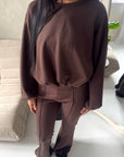 Maira Brown Plain Cinched Hem Trouser Co Ord Set