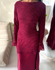 Saria Wine Floral Mesh Top Satin Tie Back Dress-House Of Haniya