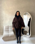 Hala Brown High Neck Belted Poncho Coat