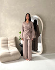 Fria Mocha Plain Soft Satin Wrap Trouser Co Ord Set
