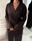 Fria Brown Plain Soft Satin Wrap Trouser Co Ord Set
