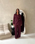 Fria Wine Plain Soft Satin Wrap Trouser Co Ord Set