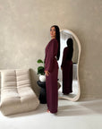 Fria Wine Plain Soft Satin Wrap Trouser Co Ord Set