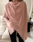 Aliza Pink Lace Trim Asymmetrical Cape Modest Top