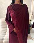 Layali Wine Lace Trim Detail Asymmetrical Cape Dress