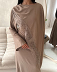 Layali Mocha Lace Trim Detail Asymmetrical Cape Dress